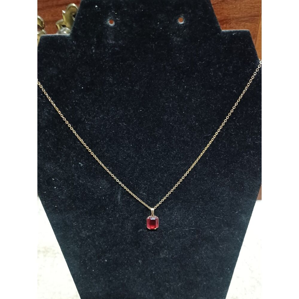 Gold-Toned Necklace w/ Emerald-Cut Red Stone Pendant, 16"